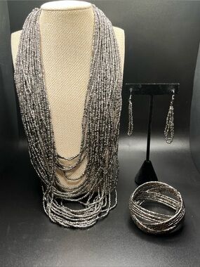 Layered Gunmetal Seed Bead Necklace Set Bracelet Earrings Boho Statement